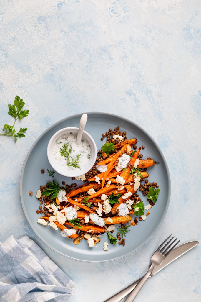Roasted Carrot Lentil Salad with Feta, Yogurt and Dill.