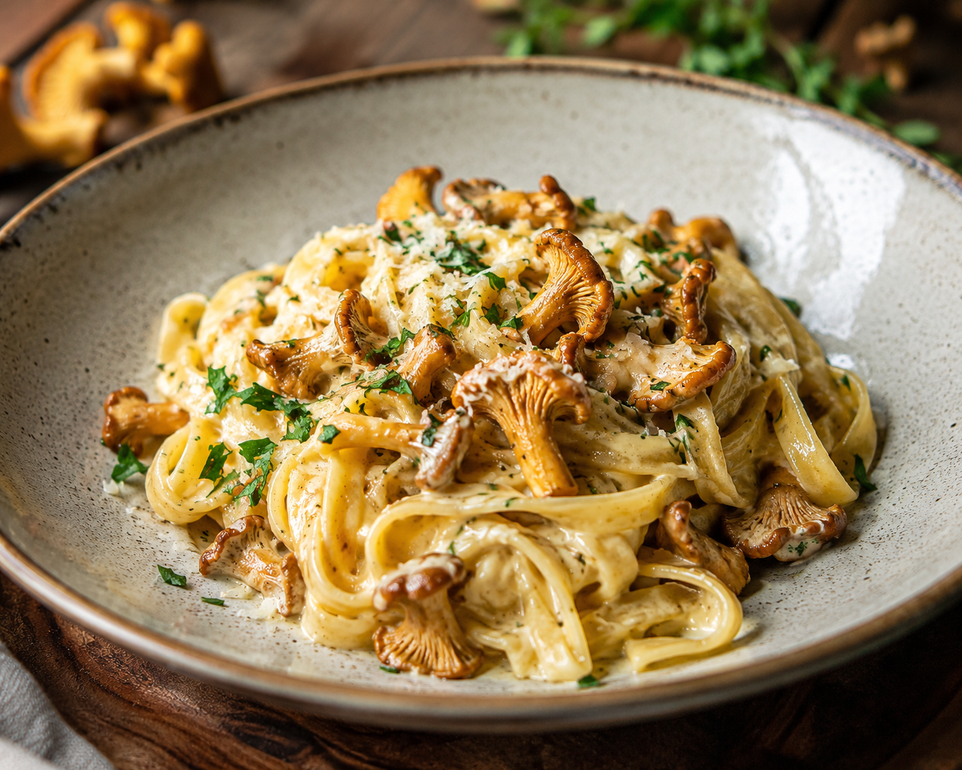 TAGLIATELLE Z KURKAMI, PALONYM MASŁEM, BRYNDZĄ I CYTRYNĄ
